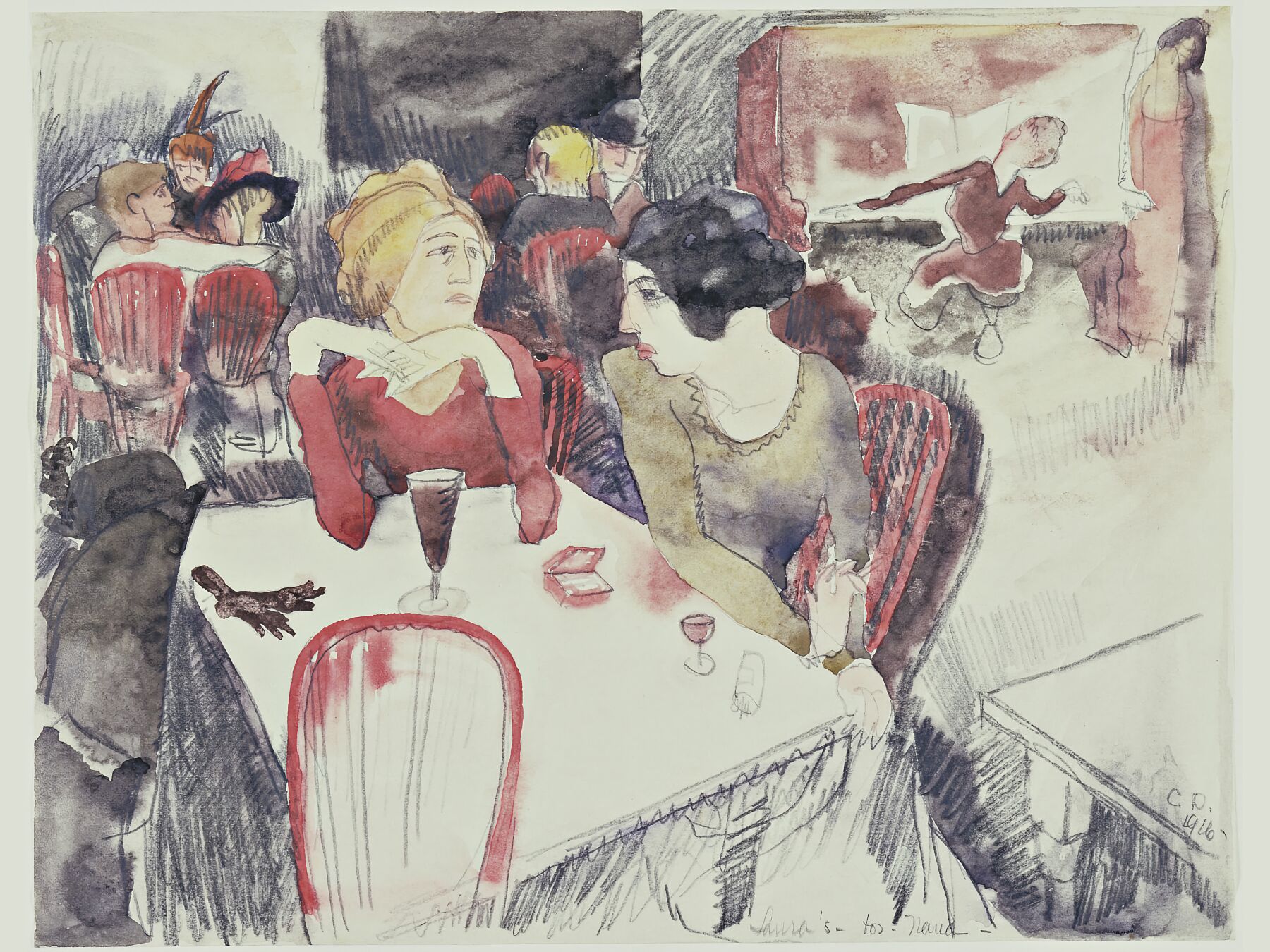 Nana (Seated Left) and Satin at Laure's Restaurant (Illustration for Emile Zola's Nana) by Charles Demuth - 1916