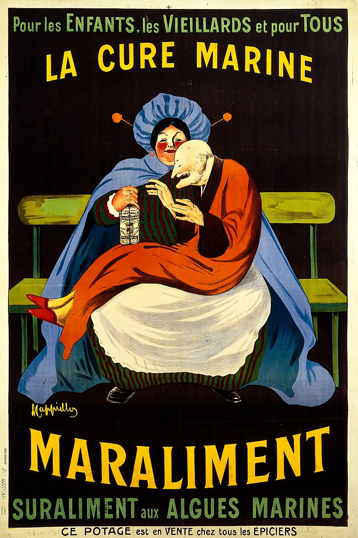 A nursemaid_ holding a senile man in her lap and feeding him with 'Maraliment', a proprietary seaweed soup. Colour lithograph by L. Cappiello, 1920