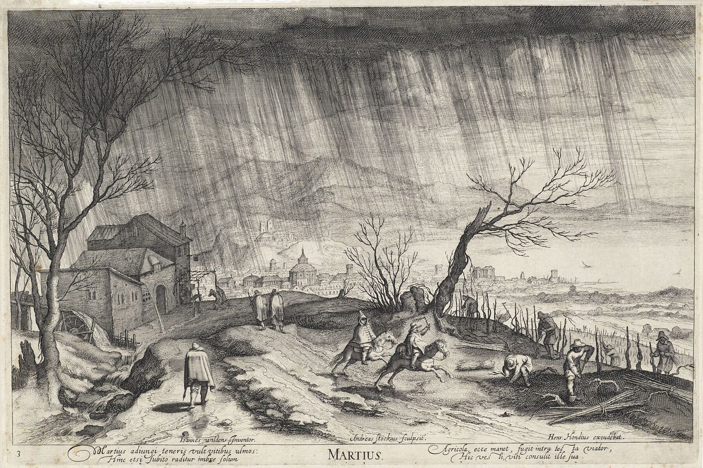 March, landscape with a rain shower, Andries Jacobsz. Stock, after Jan Wildens, 1614