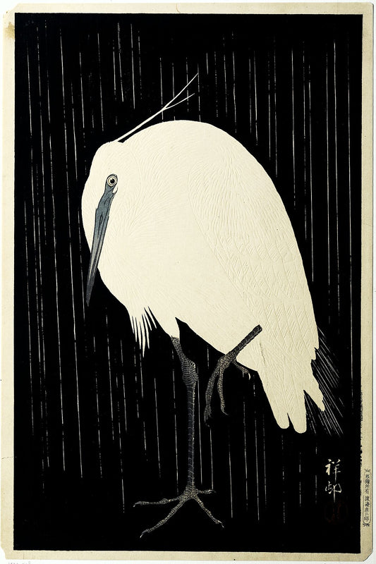Zilverreiger en De Regen (Garza bajo la lluvia) de Ohara Koson - 1925-1936.