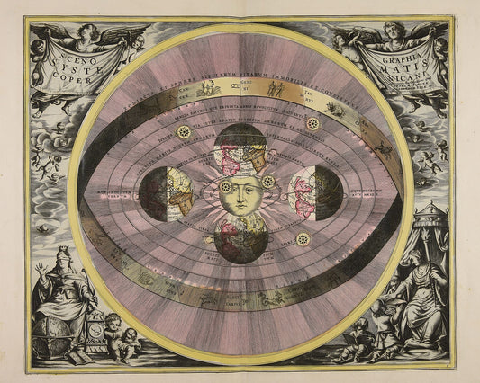 The Scenographia Systematis Copernicani map (1661) illustrates the Copernican system of the Universe, as described by Copernicus in his De revolutionibus orbium coelestium (On the Revolutions of the Celestial Spheres), published in 1543.