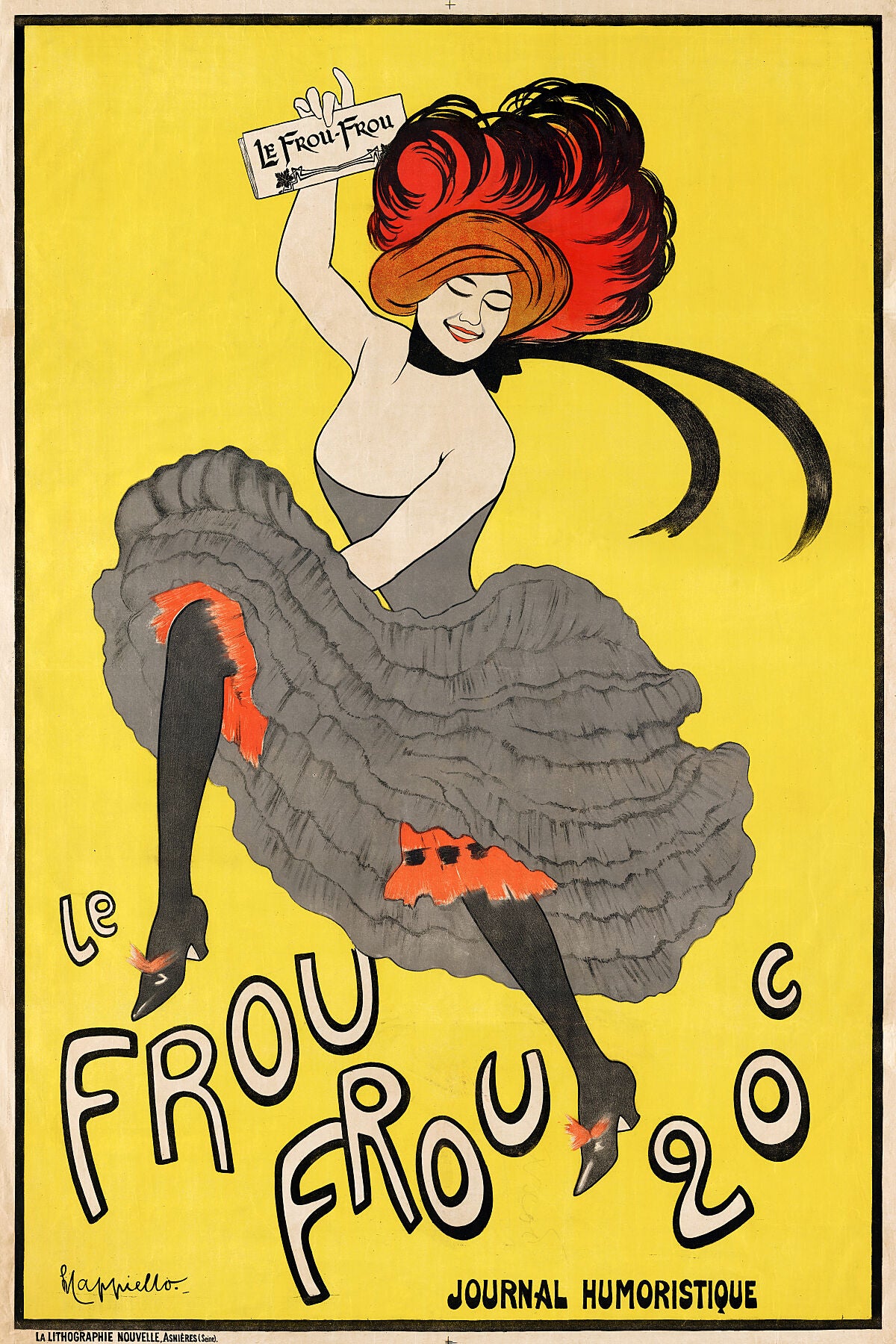 Products poster by Leonetto Cappiello shows a can-can dancer holding a copy of Le Frou Frou while she dances