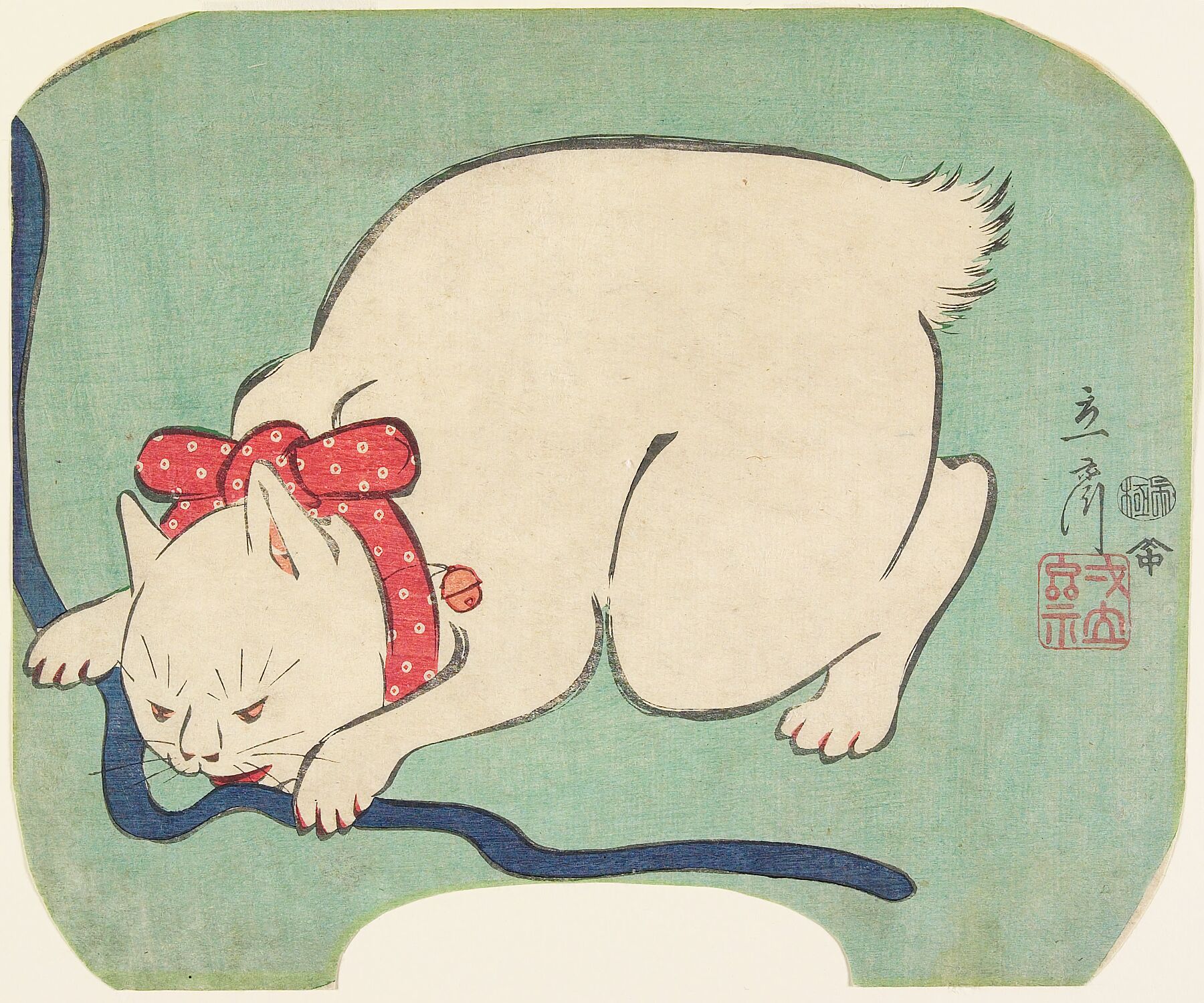 A White Cat Playing with a String by Utagawa Hiroshige II - 1863