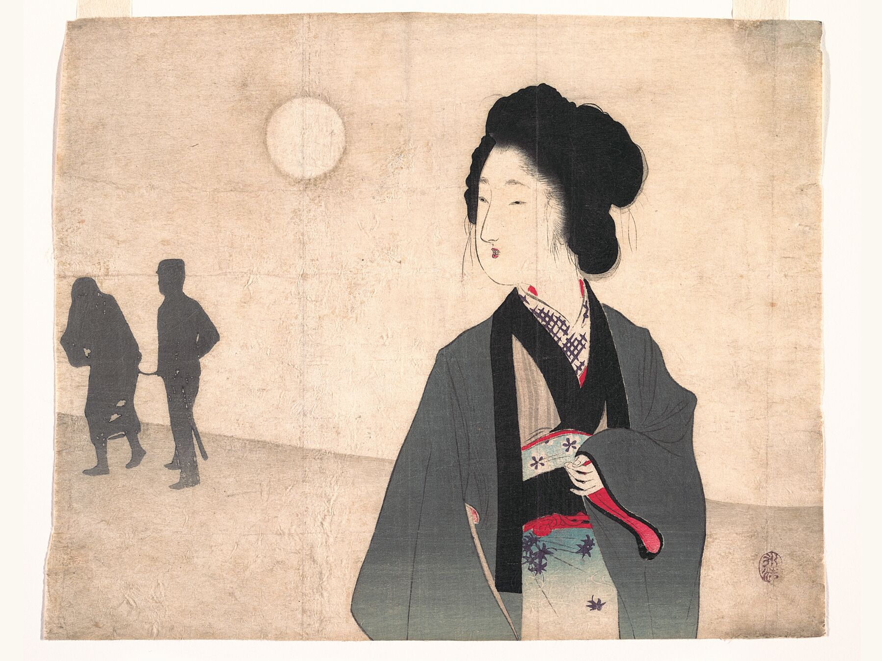 Young Woman Looks at Silhouette of a Male Prisoner being Led Away by Tomioka Eisen - Early 20th Century