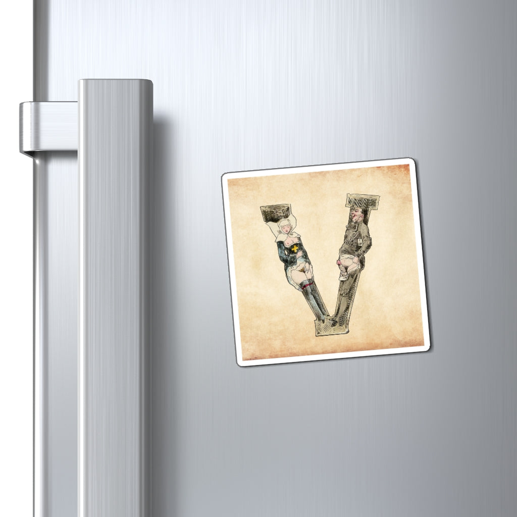 Magnet featuring the letter V from the Erotic Alphabet, 1880, by French artist Joseph Apoux (1846-1910).