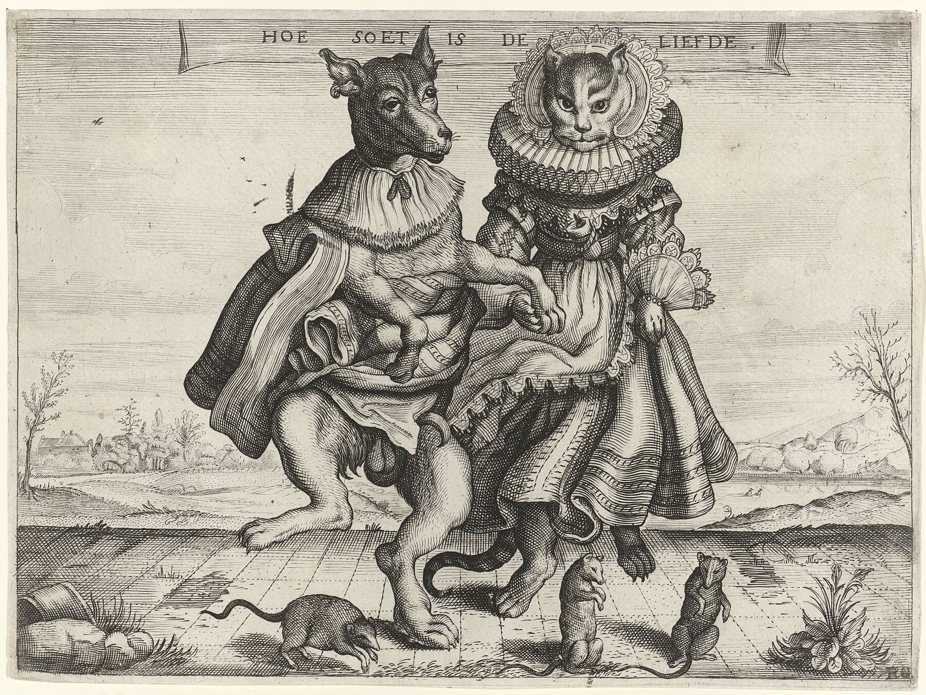 Dancing Dog and Cat, Adriaen Matham (attributed to), after Adriaen Matham, after Adriaen Pietersz van de Venne, 1620 - 1660