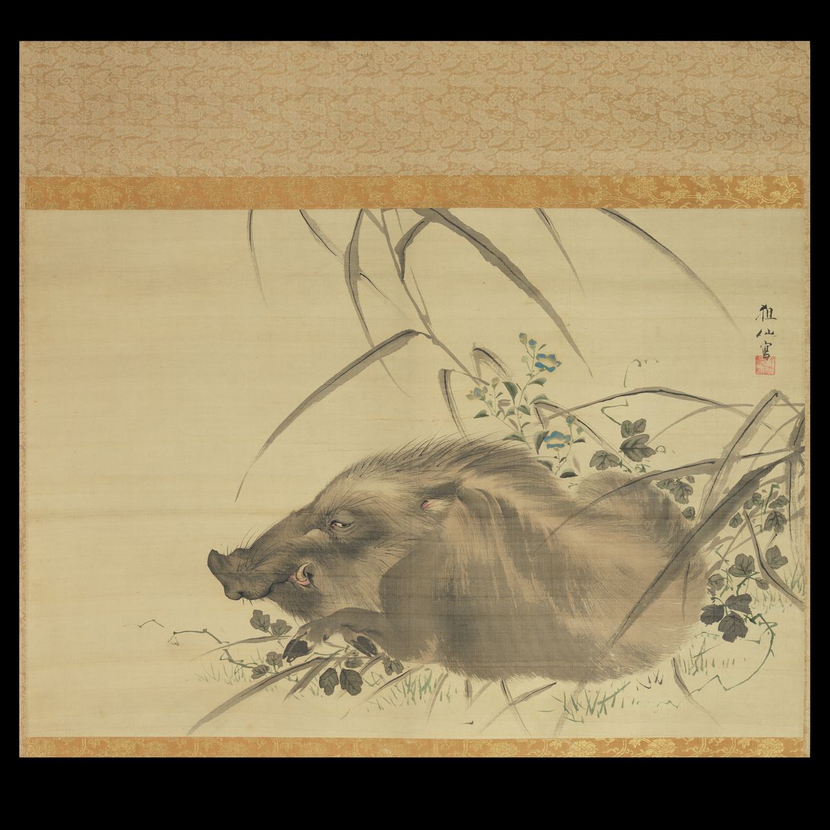 Wild Boar amidst Autumn Flowers and Grasses Mori Sosen - c.1800