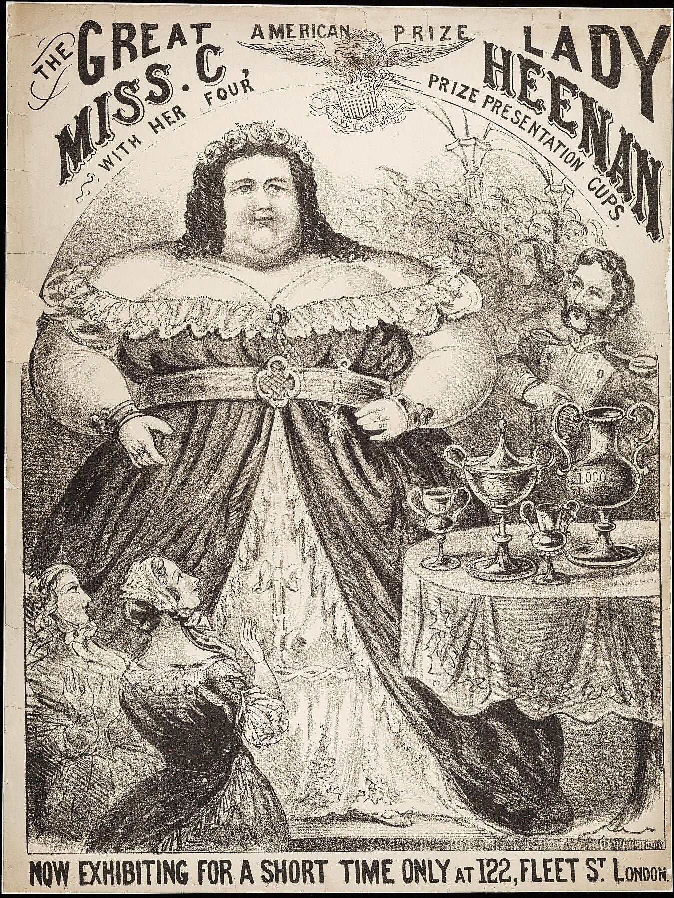 The great American Prize Lady Miss C. Heenan with her four prize presentation cups - now exhibiting for a short time only at 122, Fleet St, London. Date [1868_]