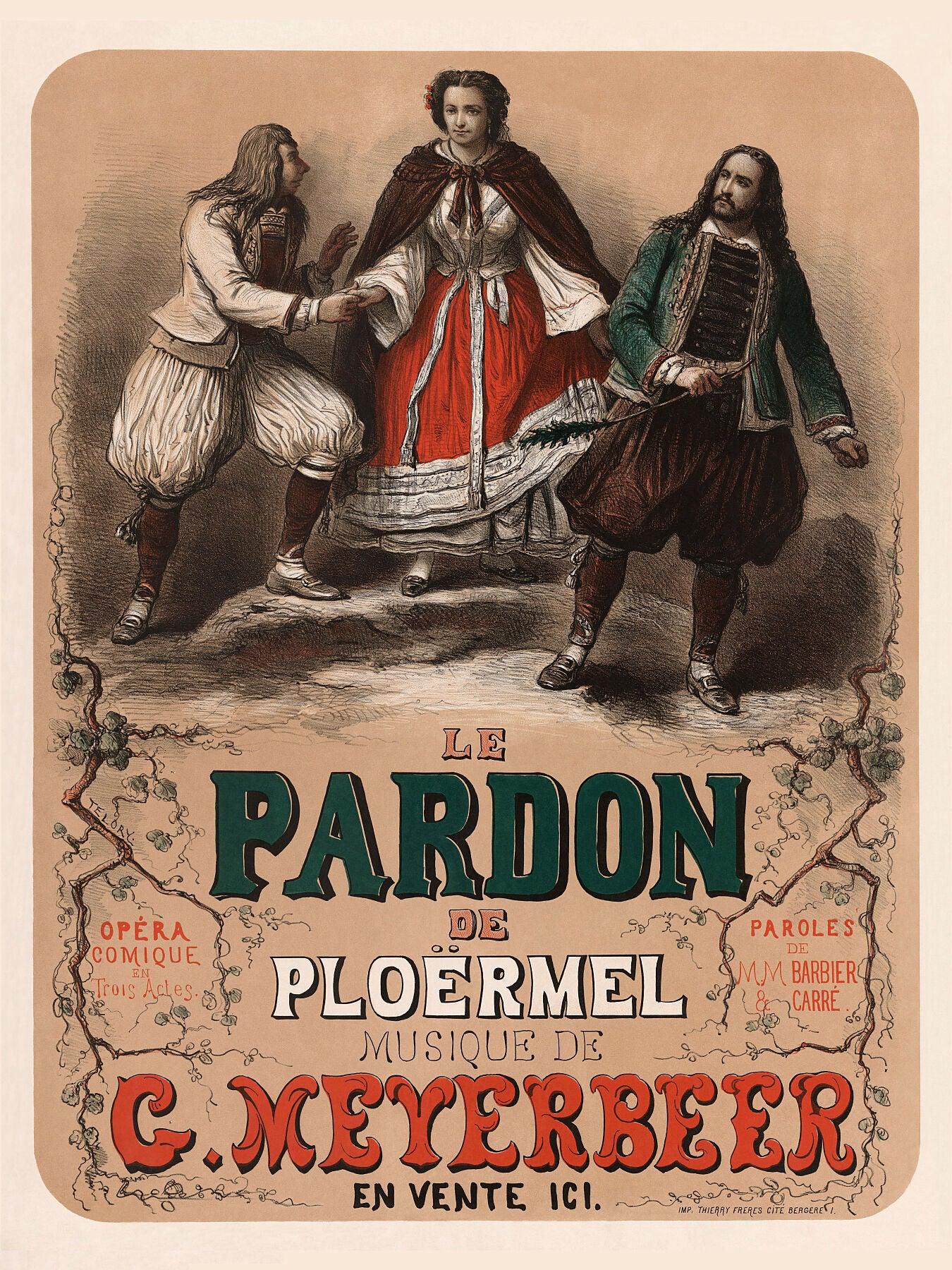 Poster for the premiere of Giacomo Meyerbeer's opera Le pardon de Ploërmel (Dinorah), presented by the Opéra-Comique in Paris on 4 April 1859. The illustration depicts the characters Corentin, Dinorah, and Hoël - Henri Télory.