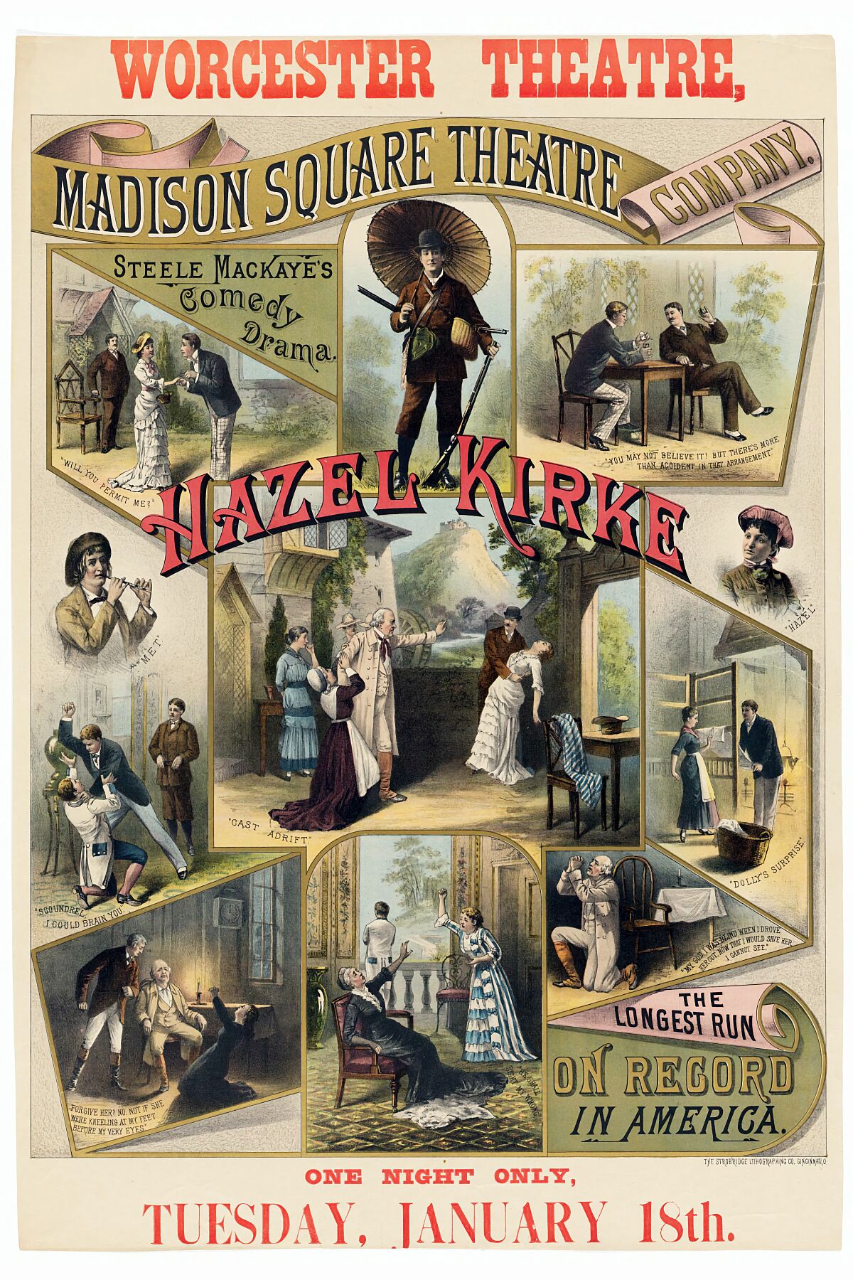 Poster for the performance of Hazel Kirke by Steele MacKaye presented by the Madison Square Theatre Company in Worcester Theatre on January 18, [no year, but likely 1881