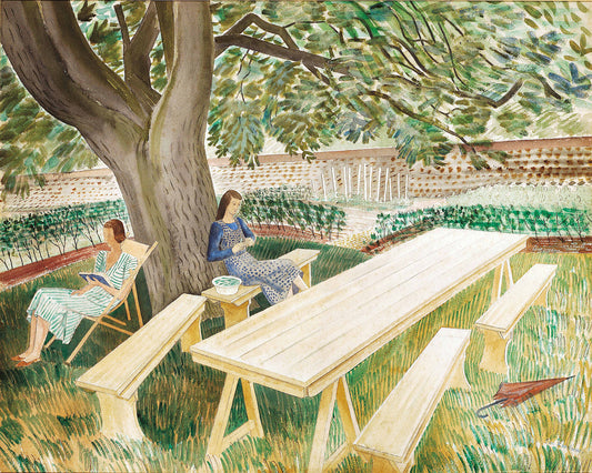 Two women in a garden 1933 Watercolour. Painted at Brick House by Eric Ravilious. Depicts the artist's wife Tirzah Garwood (right; shelling peas) and Charlotte Bawden, wife of the artist Edward Bawden. The two couples shared the house from 1932-1934.