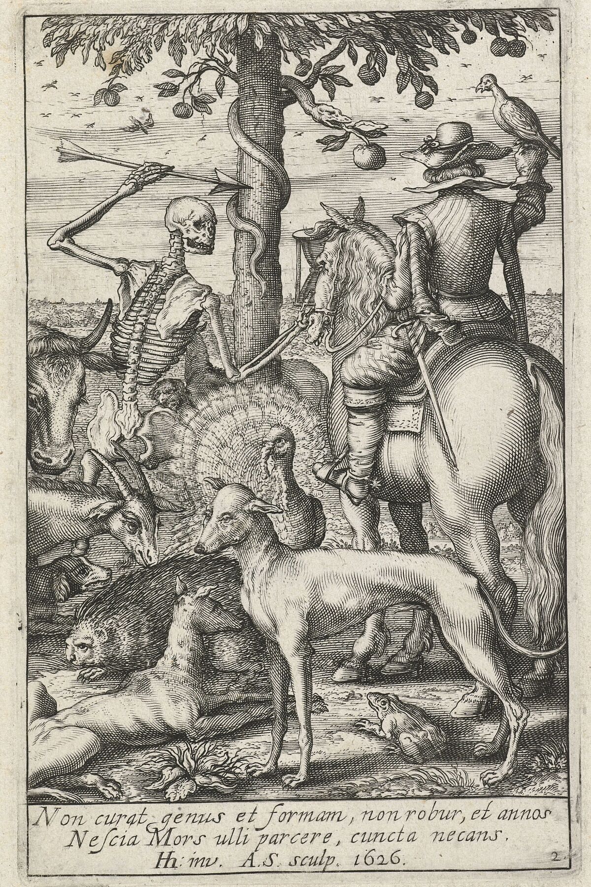Skeleton with arrow and falconer, in the midst of animals, Andries Jacobsz. Stock, after Hendrick Hondius (I), after Teodoro Filippo di Liagno, 1626