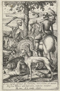 Skeleton with arrow and falconer, in the midst of animals, Andries Jacobsz. Stock, after Hendrick Hondius (I), after Teodoro Filippo di Liagno, 1626
