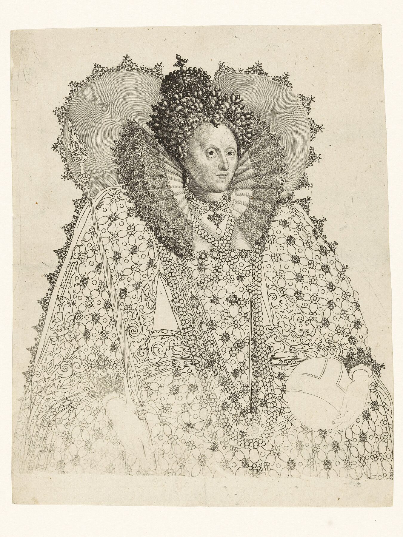 Portrait of Elizabeth I Tudor, Queen of England by Crispijn van de Passe after Isaac Oliver c. 1603-1637