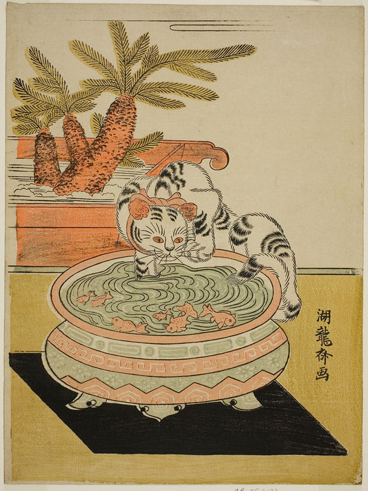 Gato pateando a Goldfish por Isoda Koryusai - c. principios de la década de 1770