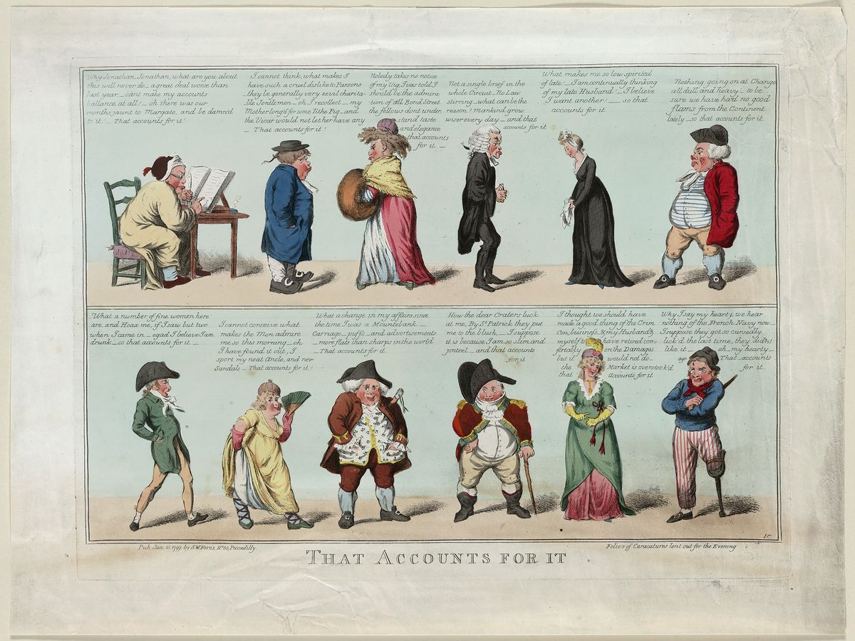Feuillets de caricatures prêtées pour la soirée par Isaac Cruikshank - 1799 