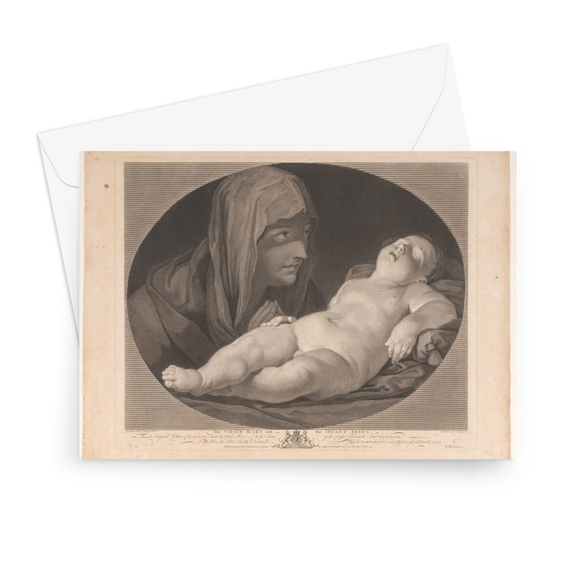Maria bij slapende Christus, Simon François Ravenet (le vieux), after Guido Reni, after John Hamilton Mortimer, 1765 - Greeting Card