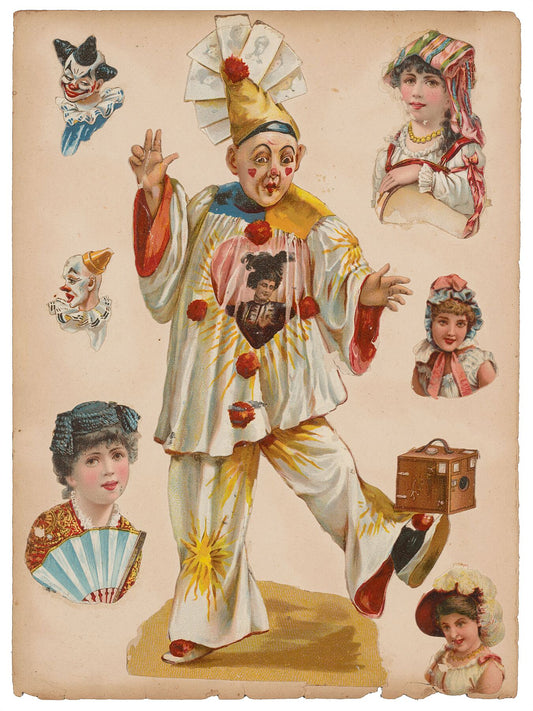 Feuille avec des images de poésie collées, y compris un clown avec un appareil photo Kodak sur son pied, anonyme - c. 1910 