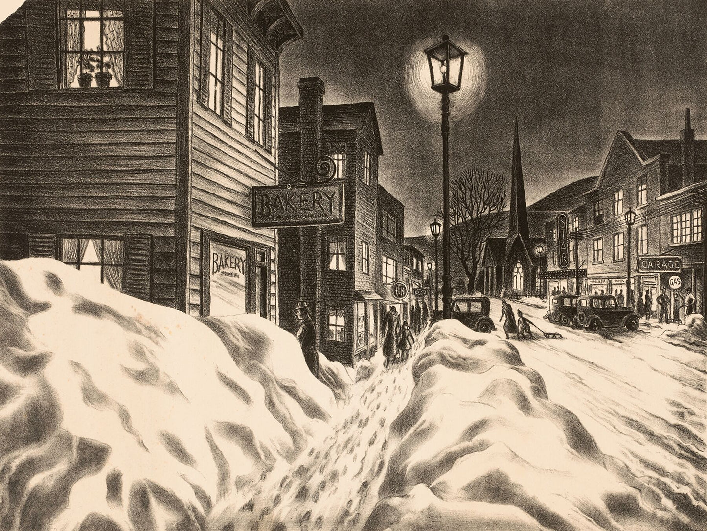 Village Street on a Winter Night, unknown artist - c.1940