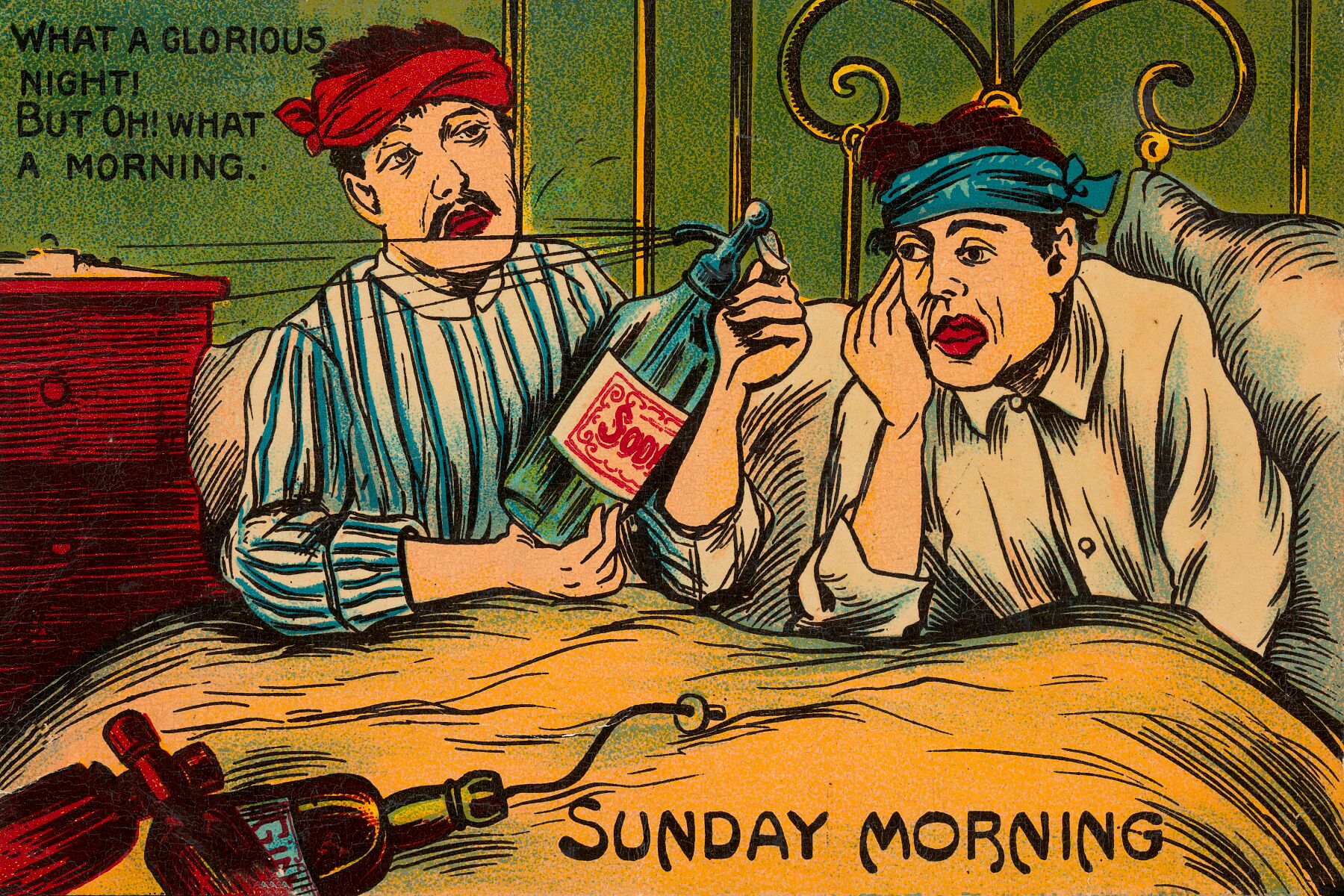 Two young men wake up in bed with headaches on Sunday morning after much drinking the night before. Colour lithograph, 1913. Date 1913