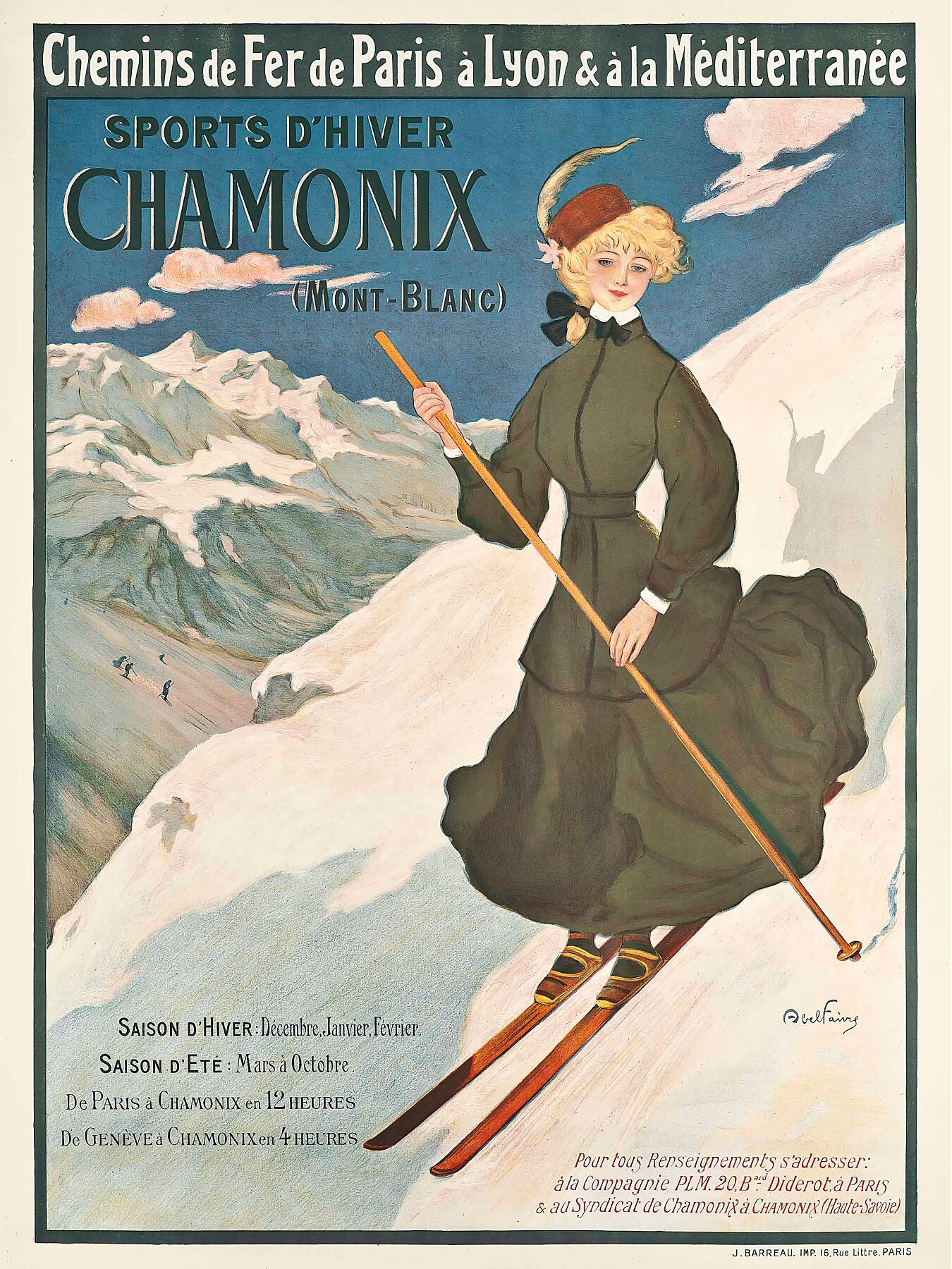 CHRISTMAS ORDERS - our art makes for beautiful gifts. To make sure you get yours in time for Christmas, please order by 7 December. SALE - Get 10% off when ordering 3 or more of our beautiful prints to keep & gift. Sign up to our free Newsletter here for more discounts. Jules Abel Faivre (1867-1945) : SPORTS D'HIVER CHAMONIX - lithograph in colours, 1905.   