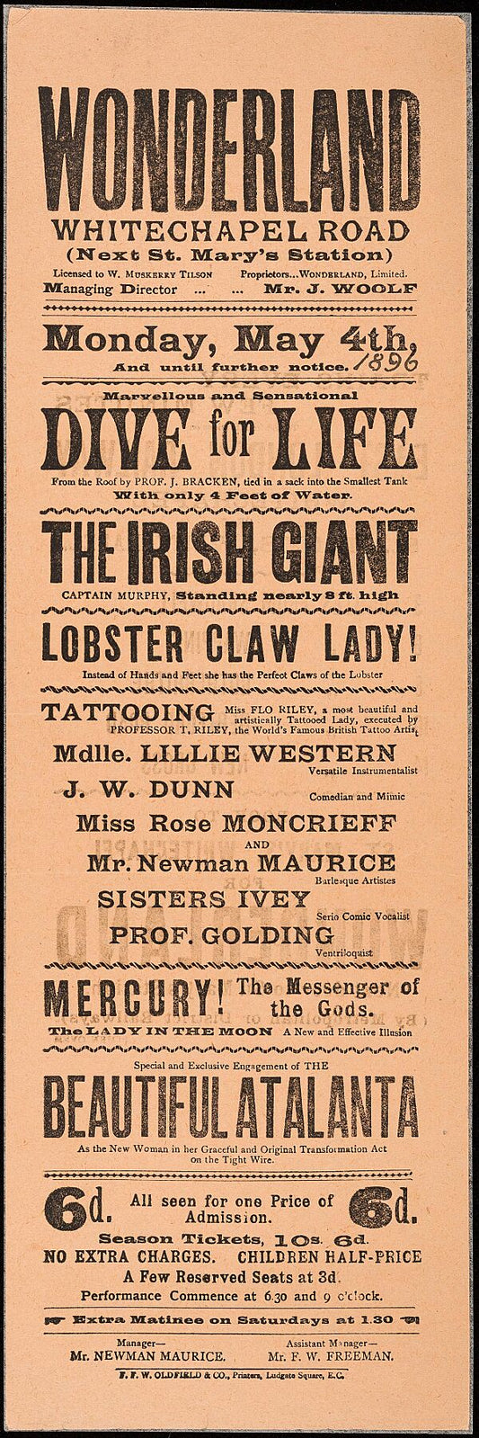 Monday, May 4th, and until further notice - dive for life ... The Irish Giant, Captain Murphy 1886