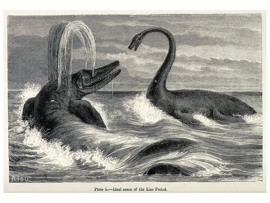 Una escena ideal del período Lias con dos saurópodos en el mar.