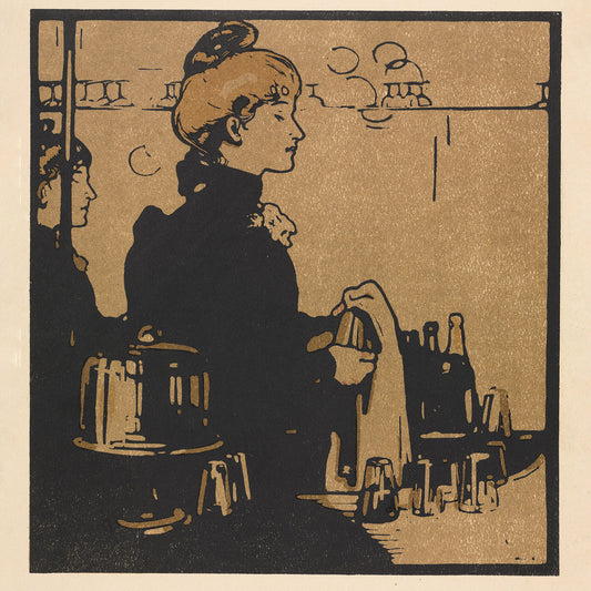 London Types : Barmaid by William Nicholson - 1898.  Printmaker William Nicholson worked in partnership with his brother-in-law James Pryde, under the pseudonym the Beggarstaff Brothers.