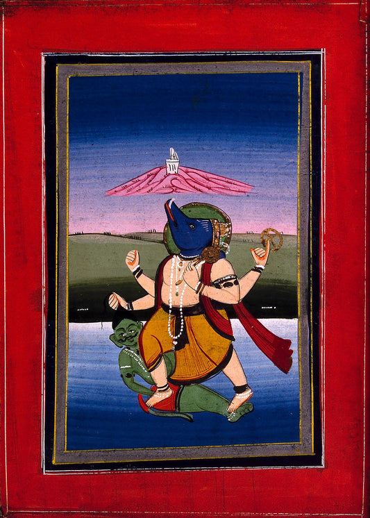 Varāha levantando la tierra desde el fondo del océano y pisoteando al demonio Hiranyāksha 
