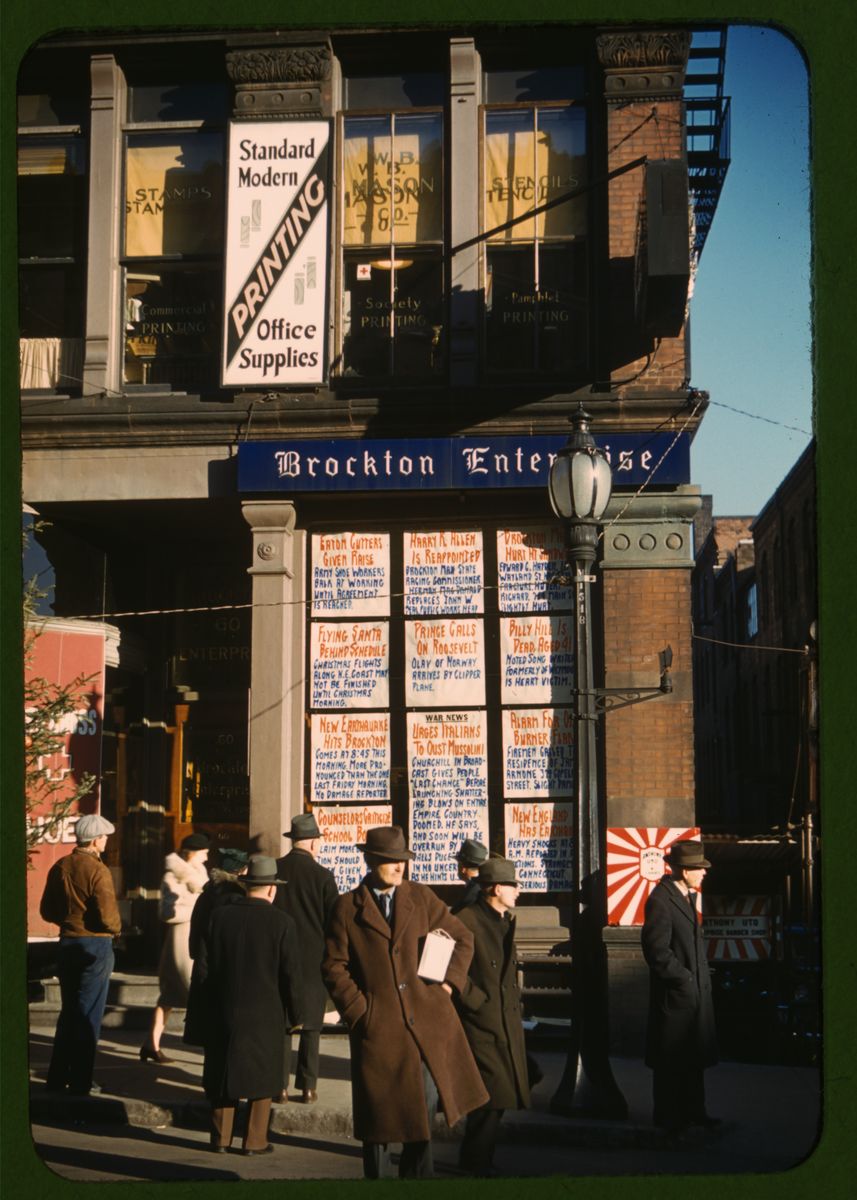 Headlines Posted in a Newspaper Office in Brockton, Mass. by Jack Delano - 1940