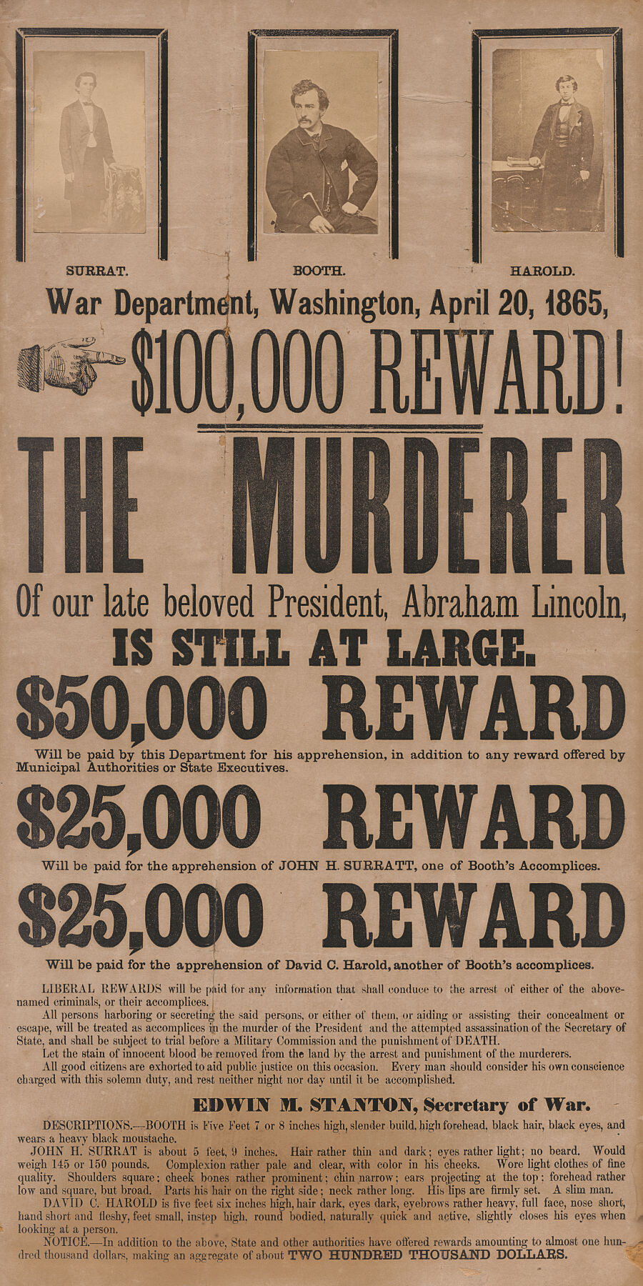 Reward poster print for capture of John H. Surratt, John Wilkes Booth, and David E. Herold  - 1865