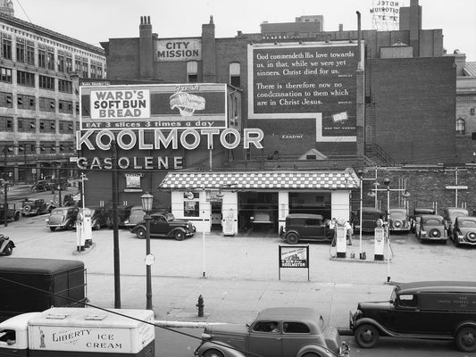 Gas Station and Gospel Mission in Cleveland, Ohio by John Vachon - 1937