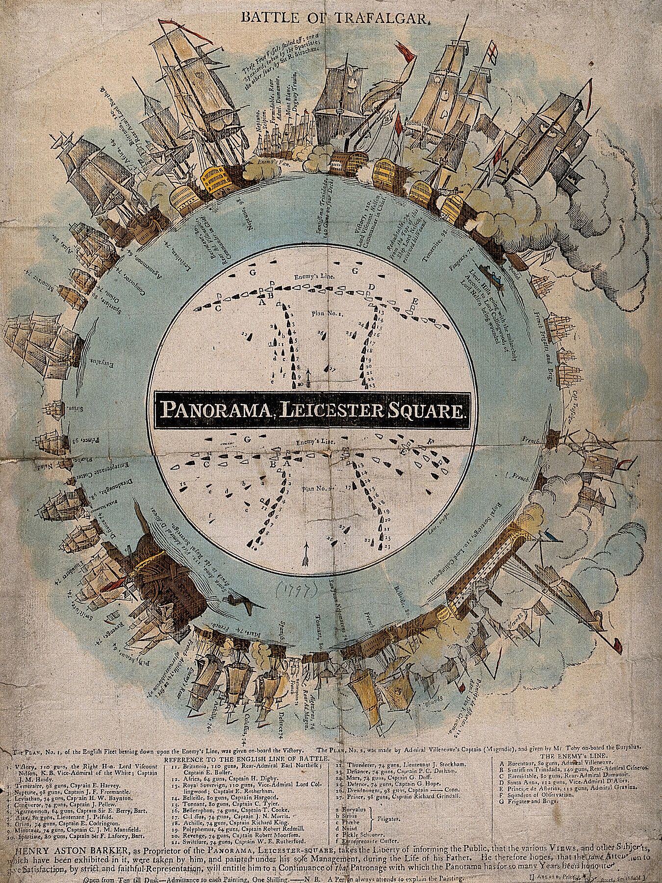 Panorama on Leicester Square, London- showing the battle of Trafalgar. Coloured engraving by Lane, 1806, after H. A. Barker. Barker, Henry Aston, 1774-1856.