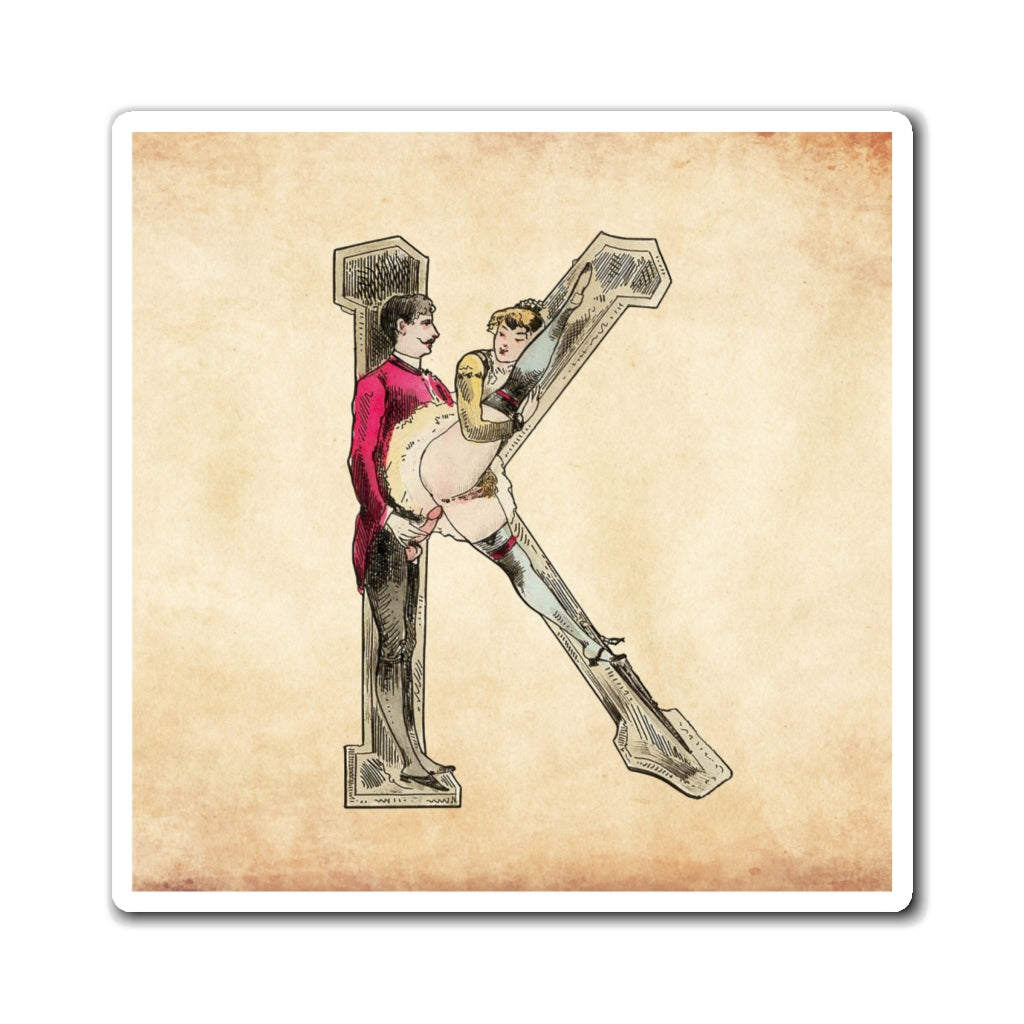 Magnet featuring the letter K from the Erotic Alphabet, 1880, by French artist Joseph Apoux (1846-1910).