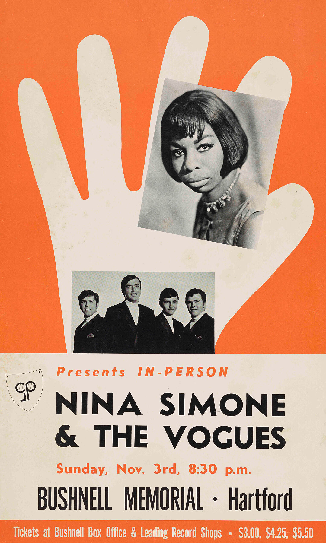 Poster for a concert by Nina Simone and The Vogues at Bushnell Memorial in Hartford, Connecticut, November 1968