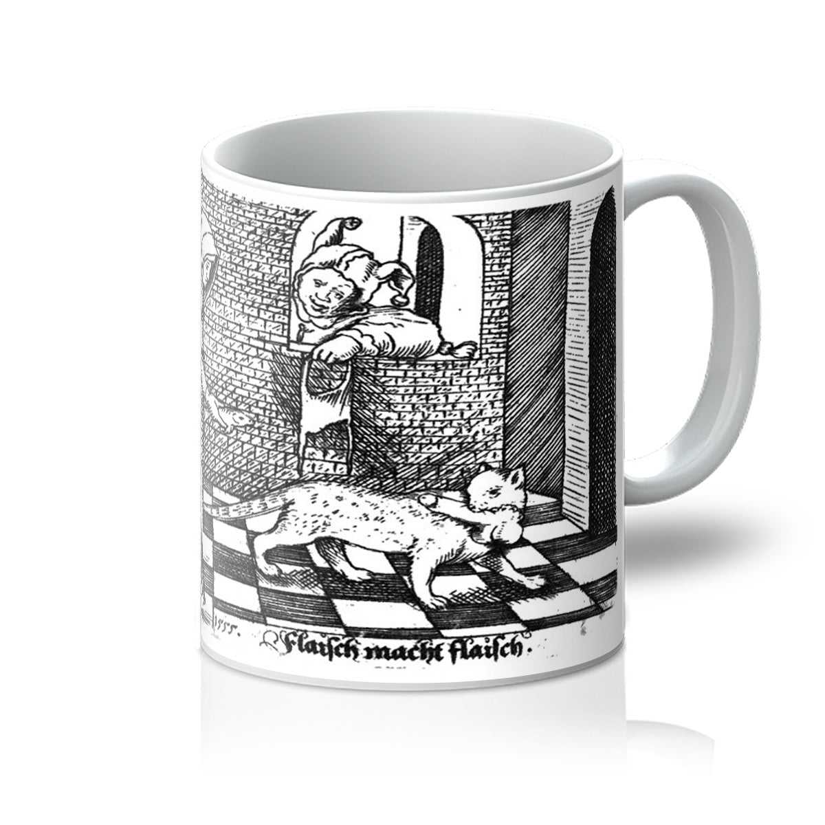 “Nun walks with fish in hand chasing a cat. She wants to trade the fish with a penis that the cat has in its mouth. A jester watches through a window frame” - Rijkmuseum.  Flemish engraving from 1555 - "Flaisch macht Flaisch” (flesh gives flesh”).  Our high quality photo mugs are beautiful yet durable and have been tested to 100+ dishwasher cycles.  This custom mug comes in all white.
