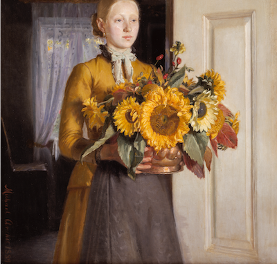 A Girl with Sunflowers by Michael Ancher, 1889 - Square Greeting Card