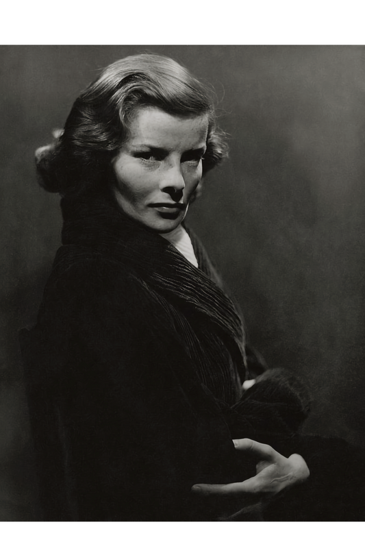 A portrait of Katharine Hepburn frowning with her arms crossed by Lusha Nelson, 1933 - Postcard