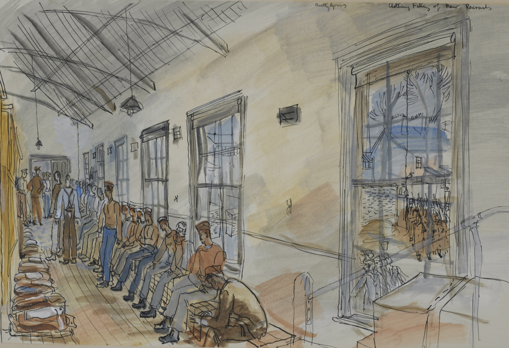 Clothing fitting of new recruits by Anthony Gross, 1940-1941 - Postcard