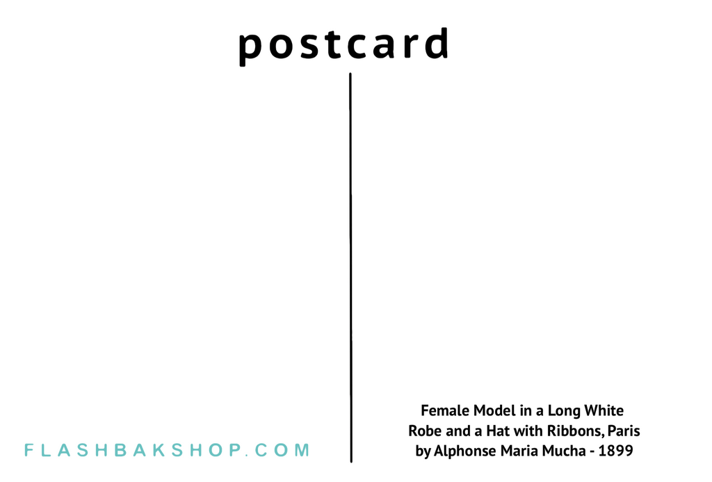 Woman in a Long White Robe and a Hat with Ribbons, Paris by Alphonse Maria Mucha - 1899 - Postcard