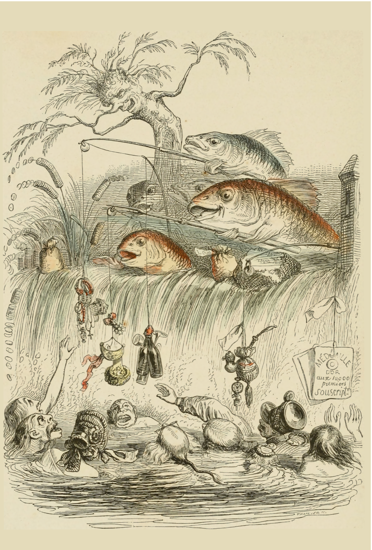 Fishing Illustration from 'Un Autre Monde  by J.J. Grandville, 1844 - Postcard