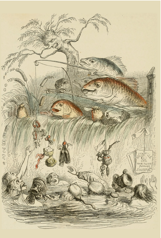 Ilustración de pesca de 'Un Autre Monde de JJ Grandville, 1844 - Postal