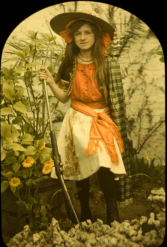 Girl with gun (Autochrome) by Charles Corbet - c. 1910 - Postcard