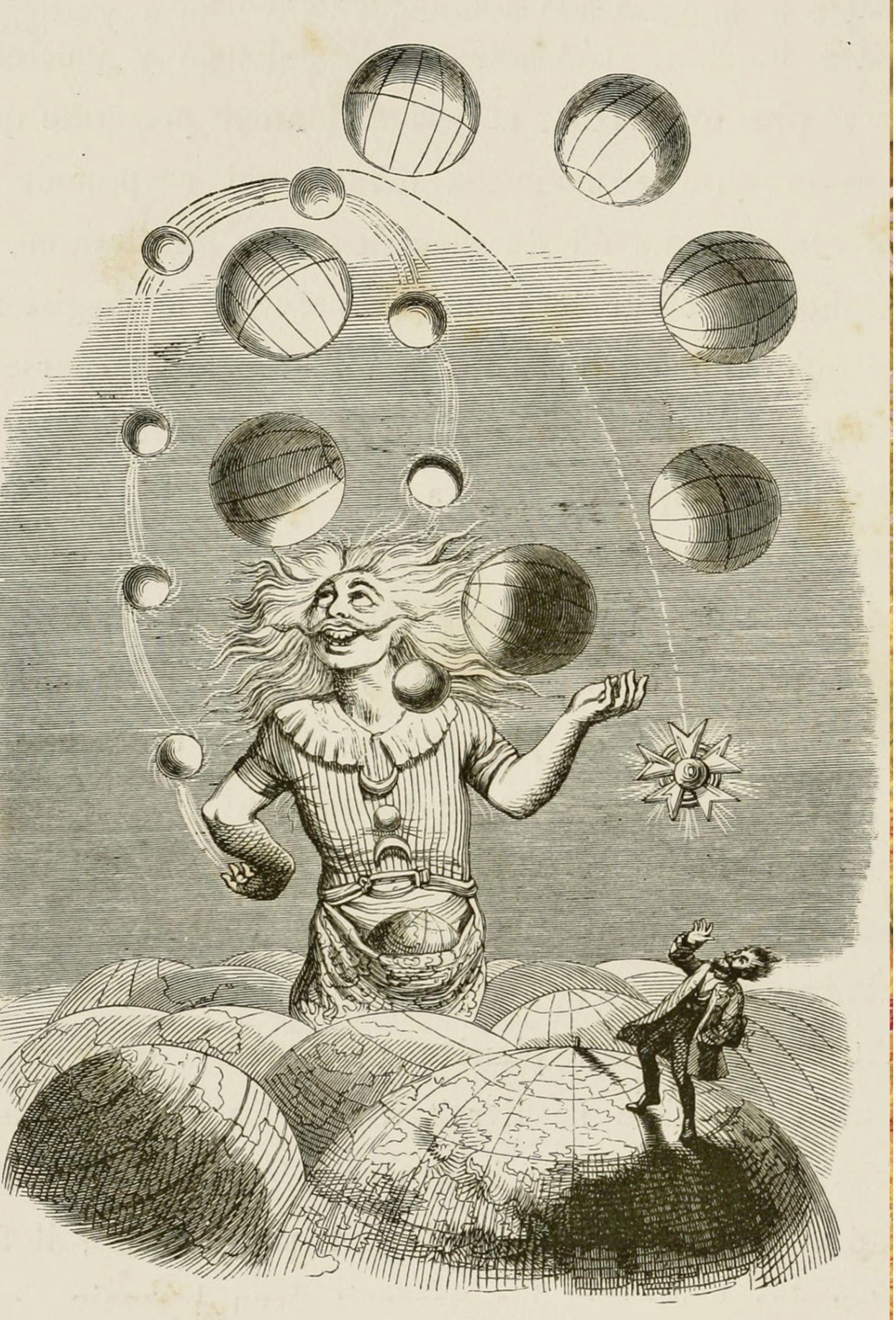 Malabarismo con la ilustración de los planetas de 'Un Autre Monde' de JJ Grandville, 1844 - Postal