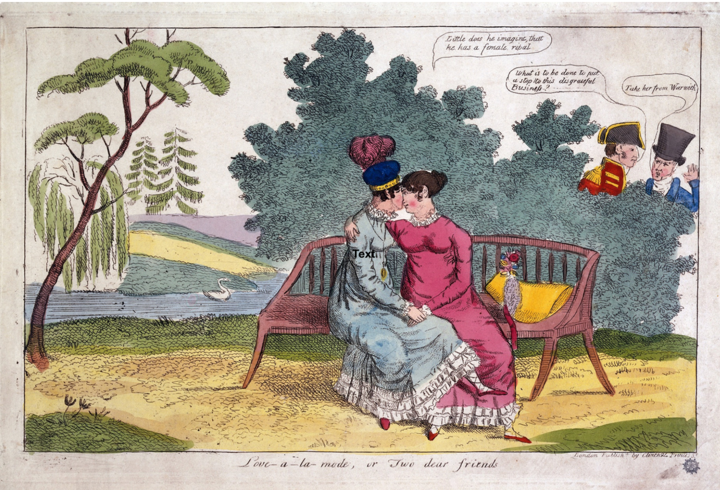Lady Strachan and Lady Warwick making love in a park, while their husbands look on with disapproval. Coloured etching, c. 1820 - Postcard
