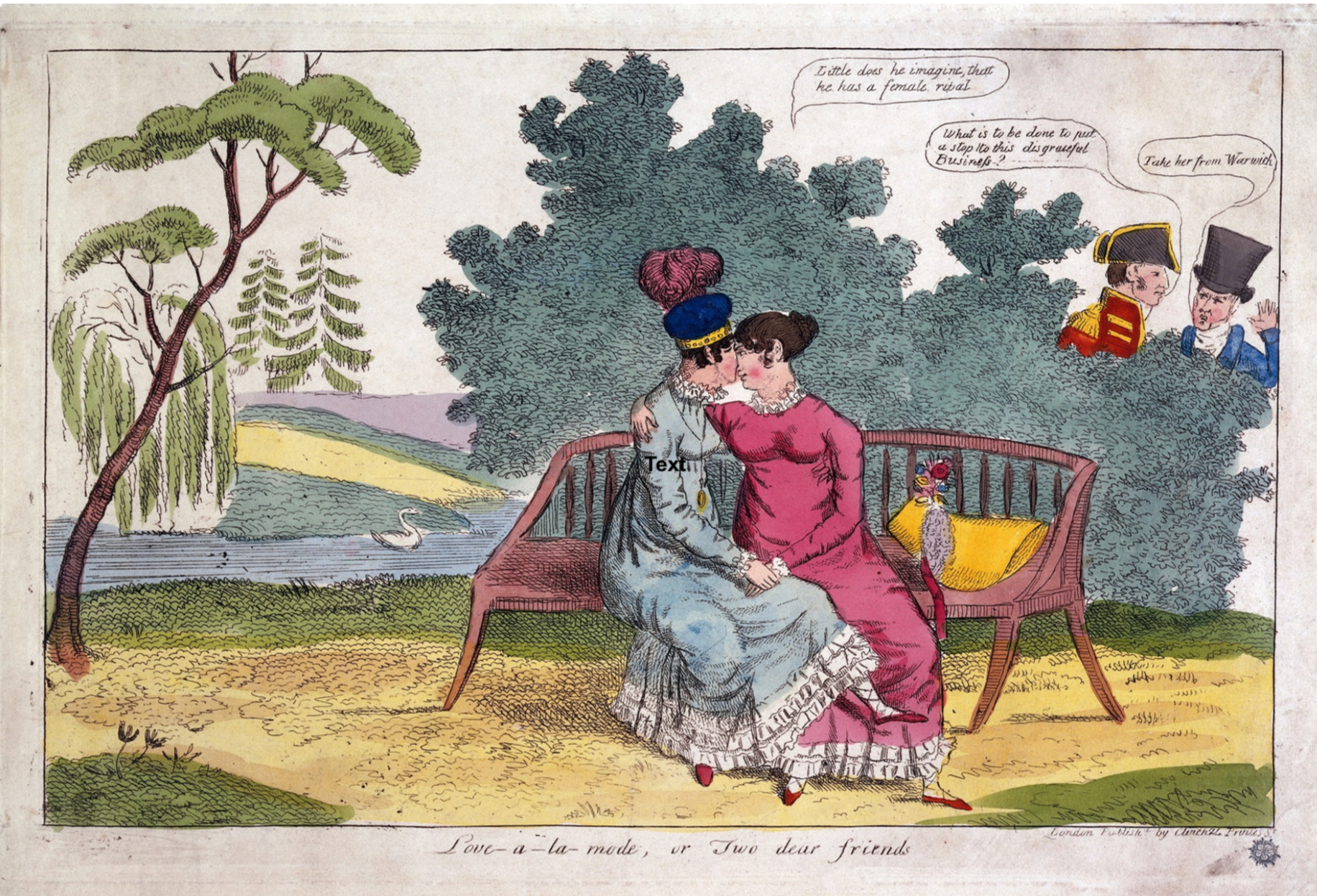 Lady Strachan y Lady Warwick hacen el amor en un parque, mientras sus maridos miran con desaprobación. Grabado en color, c. 1820 - Postal