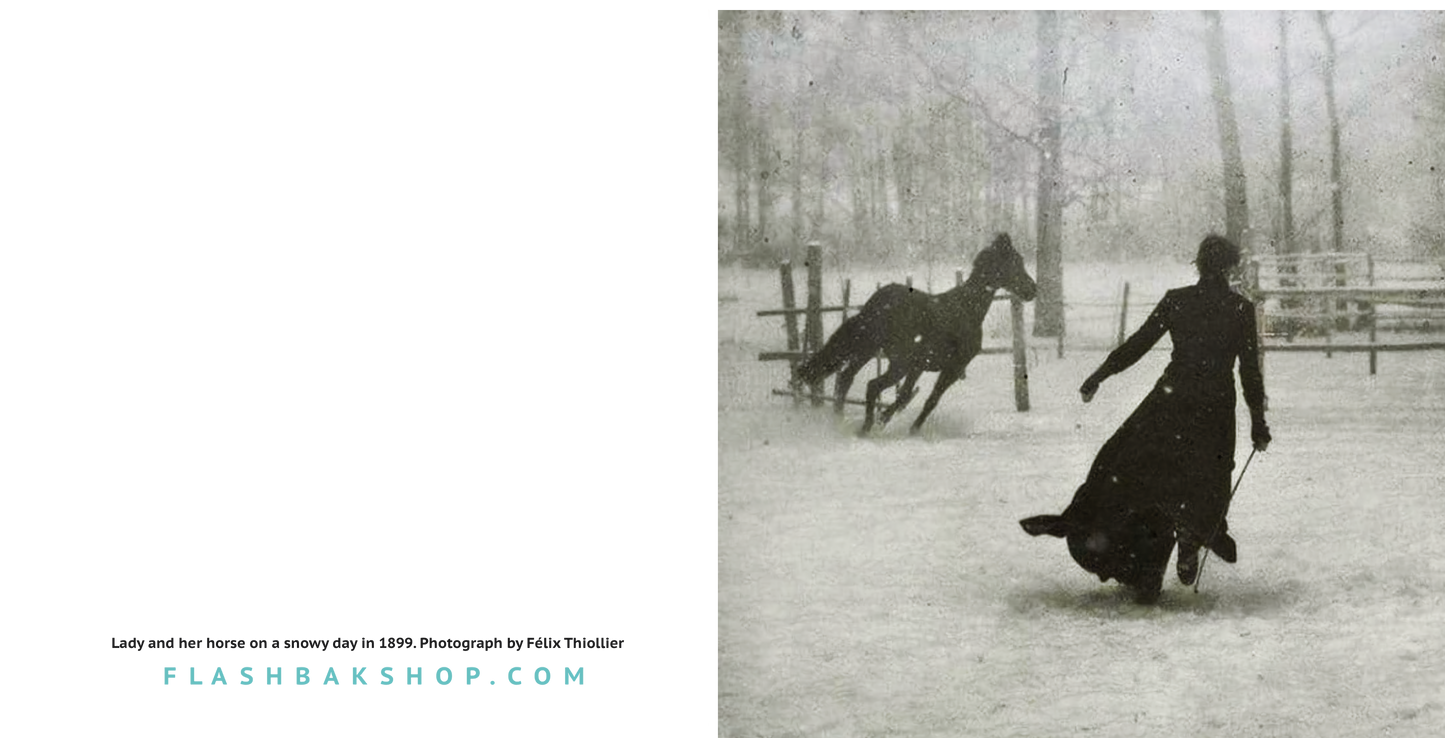 Dame et son cheval un jour de neige en 1899 par Félix Thiollier - Carte de vœux carrée