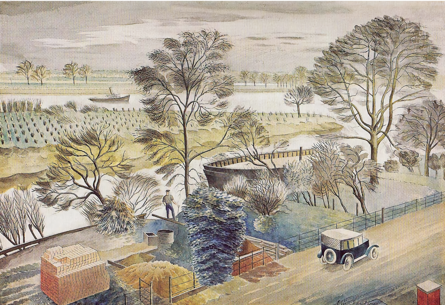 River Thames, Chiswick Eyot by Eric Ravilious, 1933 - Postcard