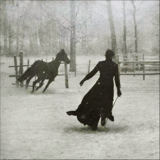 La dama y su caballo en un día nevado en 1899 por Felix Thiollier - Tarjeta de felicitación cuadrada