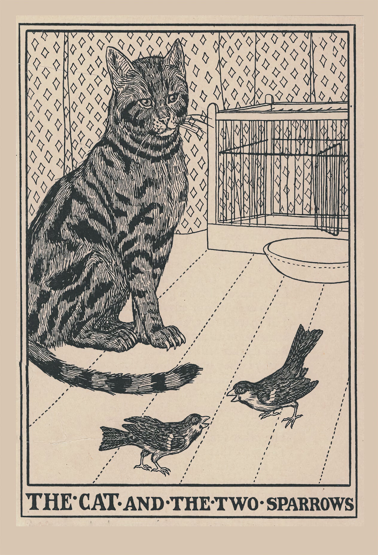 El gato y dos gorriones de Percy J. Billinghurst, 1900 - Postal